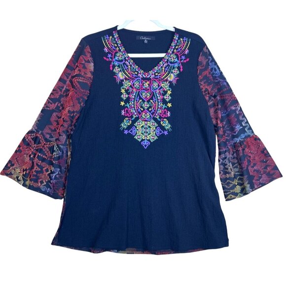 Calessa Tops - Calessa Black Textured Rainbow Embroidered Boho Bell Sleeve Top Size M Peasant